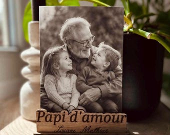 Support Photo en Bois Gravé Personnalisé | Cadeau Papi Mamie Papa Maman | Cadre Photo Famille | Cadeau Fête des Grands-Pères