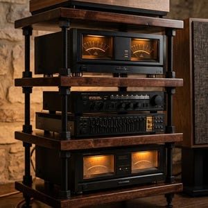 Op de afbeelding: Een audio-meubel met meerdere niveaus, opgebouwd uit donker gebeitste houten planken en metalen draadstangen. Het rek bevat een platenspeler met transparante kap, twee versterkers met verlichte analoge meters, een receiver en een equalizer.