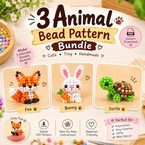 Pode incluir: Um pacote de padrões digitais em PDF para 3 animais de miçangas, incluindo uma raposa, um coelho e uma tartaruga. O gráfico inclui o texto 3 Animal Bead Pattern Bundle, Make 3 Adorable Beaded Animals, Fox, Bunny, Turtle e Perfect for Keychains.
