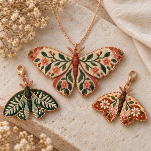 Può includere: Una collana con ciondolo a farfalla in perline e due ciondoli a farfalla abbinati. I gioielli presentano intricati motivi di perline color crema, verde salvia, terracotta e marrone scuro, raffiguranti fiori e foglie con accenti dorati.