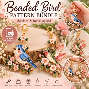 Puede incluir: Un paquete de patrones de descarga digital para diseños de aves con cuentas, que incluye un azulejo y un colibrí. Los patrones incluyen instrucciones para crear llaveros o adornos con cuentas, detalles florales y cierres dorados.