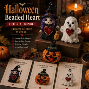 May include: A Halloween Beaded Heart tutorial bundle featuring three digital patterns. The image displays three beaded charms: a witch with purple hair, a white ghost, and an orange pumpkin, each with a red heart. Three printed pattern cards are included.