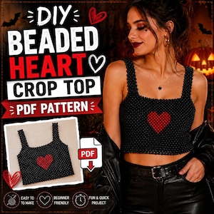 May include: A black beaded crop top featuring a red heart design in the center. The text on the image reads DIY BEADED HEART CROP TOP PDF PATTERN. The garment has wide straps and a square neckline, constructed entirely from small black beads.