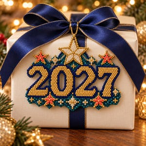 Puede incluir: Un adorno de cuentas con el año 2027 en dorado, rodeado de detalles en forma de estrella en color verde azulado, coral y blanco. El adorno está hecho de pequeñas cuentas uniformes y está sujeto a una caja de regalo crema con cinta de satén azul.