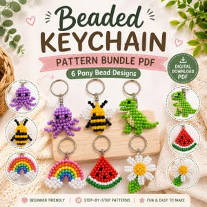 Puede incluir: Un paquete de patrones PDF digital para seis llaveros de cuentas pony con diseños de pulpo, abeja, dinosaurio, arcoíris, sandía y margarita. El texto dice Beaded Keychain Pattern Bundle PDF 6 Pony Bead Designs.