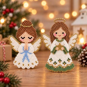 May include: Two beaded angel ornaments crafted from small, uniform beads. The left angel has brown hair, white wings, and a white dress with a blue accent. The right angel features brown hair, a gold halo, white wings, and a white dress with green details.