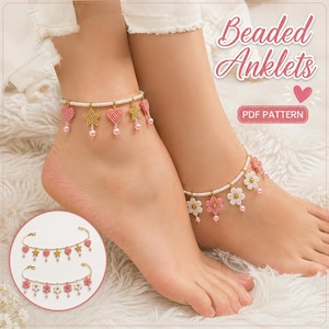 2 Beaded Anklet PDF Patterns, Heart & Floral Seed Bead Tutorial (Instant Download)