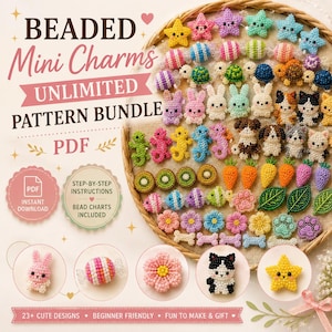 Può includere: Un pacchetto di modelli PDF per mini ciondoli di perline con il testo BEADED Mini Charms UNLIMITED PATTERN BUNDLE PDF. L'immagine mostra una collezione di piccole figure di perline colorate, tra cui stelle, animali, frutta e fiori.