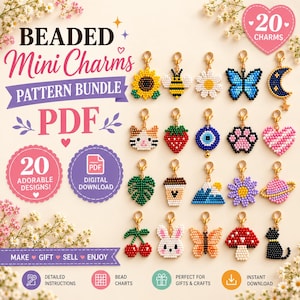 Puede incluir: Un paquete de patrones PDF digital para 20 mini dijes de cuentas con varios diseños, incluyendo un girasol, abeja, mariposa, luna, gato, fresa, ojo, huella, corazón, hoja, taza de café, montaña, flor, planeta, cerezas, conejo y hongo.