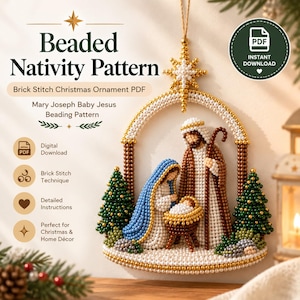 Könnte beinhalten: Ein Perlenstickmuster für eine Krippe mit Maria, Josef und dem Jesuskind in Brick-Stitch-Technik. Der Text lautet Beaded Nativity Pattern, Brick Stitch Christmas Ornament PDF, Mary Joseph Baby Jesus Beading Pattern und Digital Download.