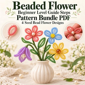 PDF-Anleitungspaket für Perlenblumen, 4 Designs mit Rocailles-Blumen, Drahtperlen-Tutorial, DIY-Ministrauß & Blumendeko