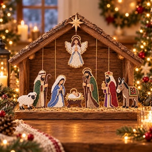 Op de afbeelding: Een houten kerststal met kralenornamenten van een engel, een herder, een schaap, Maria, het kindje Jezus in een kribbe, Jozef, een koning en een ezel. De figuren hangen in een rustieke houten stalconstructie.