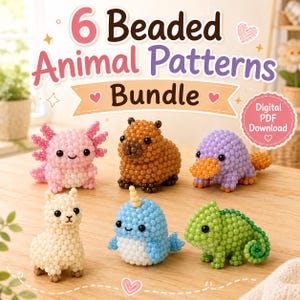 May include: A digital PDF download bundle featuring 6 beaded animal patterns. The image displays six small, three-dimensional animal figures crafted from colorful beads: a pink axolotl, a brown capybara, a purple platypus, a cream llama, a blue narwhal, and a green chameleon.
