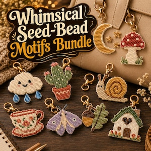 May include: A collection of seed-bead keychains featuring various motifs including a crescent moon, mushroom, cloud, cactus, snail, teacup, moth, acorn with leaf, and a house. Each charm has a gold-tone metal lobster clasp for attachment.