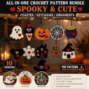 Op de afbeelding: Een digitaal haakpatroonpakket getiteld ALL-IN-ONE CROCHET PATTERN BUNDLE SPOOKY & CUTE met 10 ontwerpen, waaronder een spook, spin, pompoen, web, ketel, vleermuis, sneeuwvlok, huis, voodoopop en heksenhoed met rode hartjes als accenten.