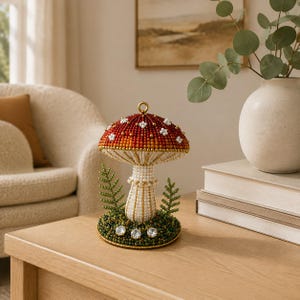 May include: A decorative mushroom ornament crafted from small beads. The cap features a gradient of red to orange with white bead accents. The stem is white, and the base is covered in green beads with two fern-like sprigs and three clear crystals.