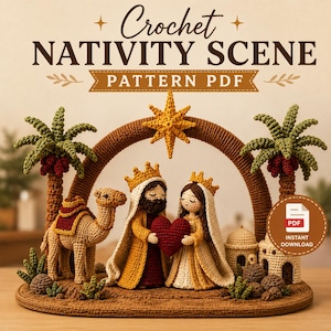 May include: A crochet nativity scene pattern PDF featuring a central arch with a star, two figures wearing crowns and holding a red heart, a camel, and two palm trees. The text reads Crochet NATIVITY SCENE PATTERN PDF and INSTANT DOWNLOAD.