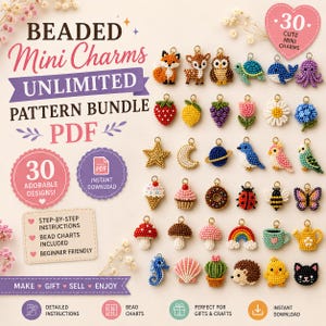 Puede incluir: Un paquete de patrones PDF digital para 30 mini dijes de cuentas con varios diseños que incluyen animales, frutas, flores, formas celestiales, comida e iconos de la naturaleza. El texto dice Beaded Mini Charms Unlimited Pattern Bundle PDF.
