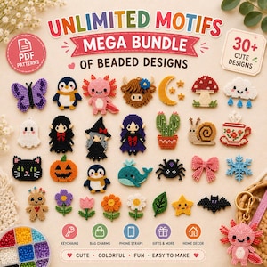 Puede incluir: Una colección digital de patrones de cuentas titulada UNLIMITED MOTIFS MEGA BUNDLE OF BEADED DESIGNS. La imagen muestra más de 30 motivos coloridos de cuentas que incluyen animales, flores, formas celestiales e iconos festivos.