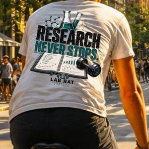 May include: A white t-shirt featuring a graphic on the back with the text "RESEARCH NEVER STOPS" and "LAB RAT LIFESTYLE EST 2026". The design includes a laboratory flask, a test tube, a molecular structure, an open notebook with charts, and a dumbbell.