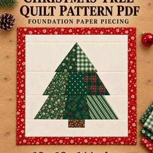 Christmas Tree Quilt Pattern PDF, Scrappy Christmas Tree FPP Quilt Block, Foundation Paper Piecing, Christmas Mini Quilt, 10 12 14 inch