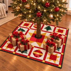 May include: A square fabric Christmas tree skirt featuring a patchwork design of red, yellow, and green squares with star and ornament patterns. The skirt is placed under a lit Christmas tree with three brown gift boxes tied with red ribbons.