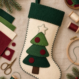 Peut inclure: Une chaussette de Noël en feutrine crème avec un revers vert foncé et une applique de sapin de Noël en feutrine verte à plusieurs niveaux, ornée de boules rouges et d'une étoile blanche, le tout fini par un point de feston visible.