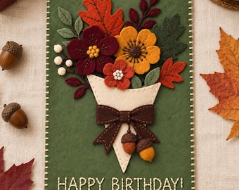 Felt Autumn Bouquet Card Pattern, Fall Birthday Card DIY, Maple Leaf and Acorn Applique PDF Sewing Pattern, Instant Download
