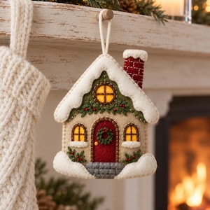 Pode incluir: Um ornamento de feltro em forma de casa com exterior bege, porta vermelha com uma guirlanda verde e chamin&eacute; vermelho-escura. O telhado e a base s&atilde;o cobertos por neve de feltro branco, acentuados com folhagem verde e janelas amarelas.