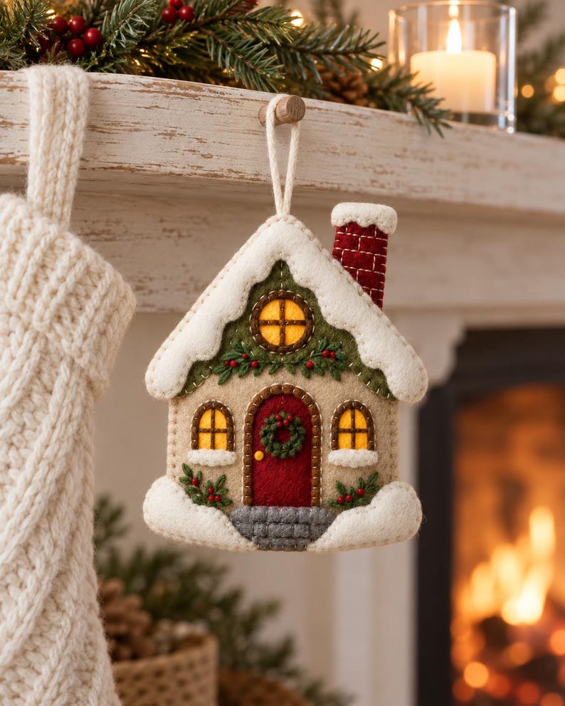 Pode incluir: Um ornamento de feltro em forma de casa com exterior bege, porta vermelha com uma guirlanda verde e chamin&eacute; vermelho-escura. O telhado e a base s&atilde;o cobertos por neve de feltro branco, acentuados com folhagem verde e janelas amarelas.