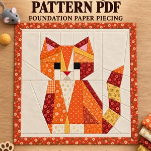 Modello PDF per trapunta con gatti, blocco per trapunta FPP con gattino rosso e patchwork, Foundation Paper Piecing, mini trapunta con gatto arancione, 10 12 14 pollici