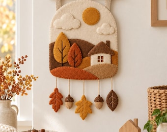 Felt Autumn Landscape Wall Hanging Pattern, Cottage and Trees PDF Sewing Pattern, Hanging Leaves and Acorns, Hand Sewing, Instant Download