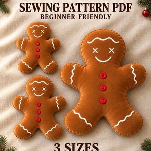 May include: A gingerbread man pillow sewing pattern PDF featuring three brown gingerbread man pillows with white embroidered icing details and three red buttons on each. The text reads GINGERBREAD PILLOW SEWING PATTERN PDF BEGINNER FRIENDLY and 3 SIZES 30 40 50 cm.