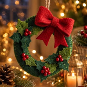 May include: A circular felt wreath ornament in dark green featuring light green felt holly leaves and clusters of small red berries. A large, bright red felt bow is attached to the top, and the entire piece hangs from a natural jute twine loop.