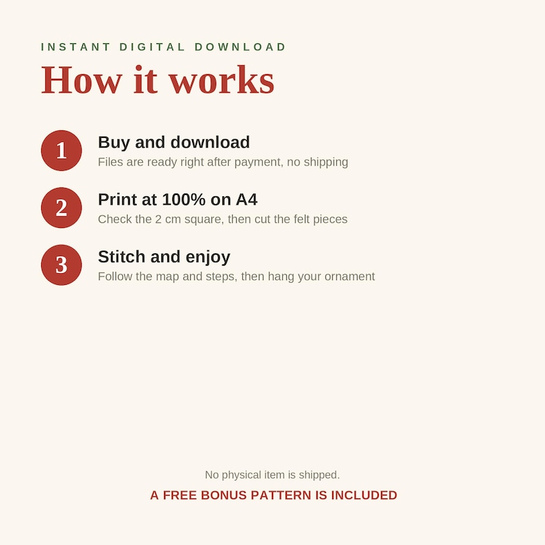 May include: An instructional graphic titled How it works with three numbered steps in red circles. Step 1: Buy and download. Step 2: Print at 100% on A4, check the 2 cm square, and cut felt pieces. Step 3: Stitch and enjoy, follow steps, and hang.