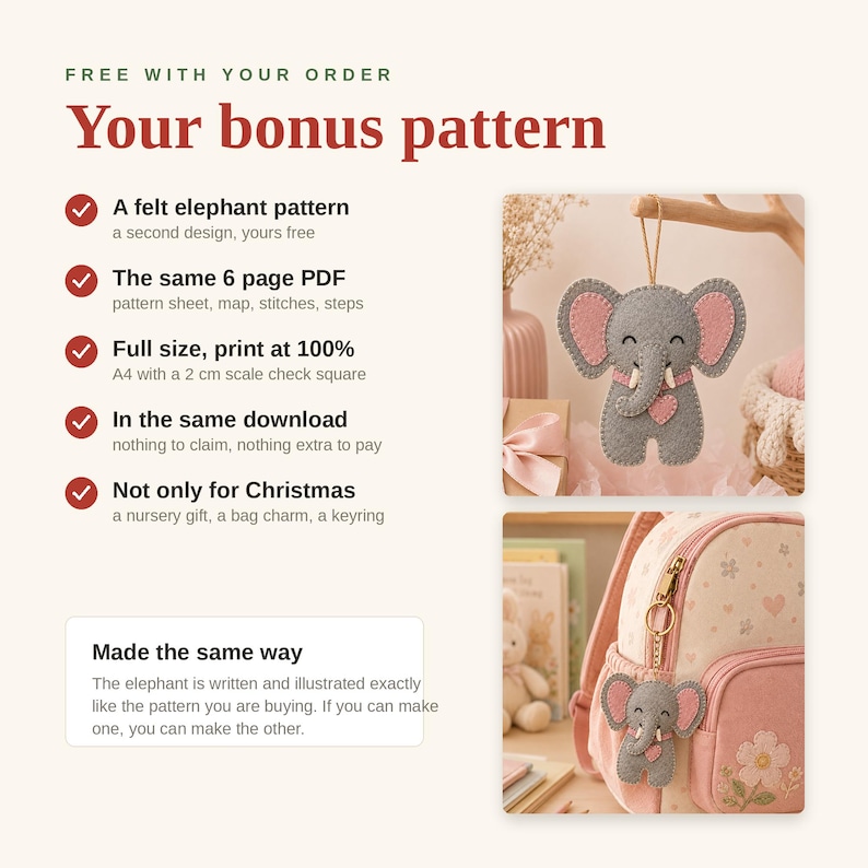 May include: A digital craft pattern for a felt elephant, featuring a gray elephant with pink inner ears and a heart detail. The pattern includes a 6-page PDF with instructions, a 2 cm scale check square, and images showing the finished elephant as a hanging ornament and a bag charm attached to a pink backpack.