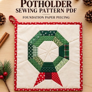 Naaipatroon voor een pannenlap met kerstkrans (PDF), gewatteerde kerstonderzetter, patchworkkrans met strik, Foundation Paper Piecing, 2 maten