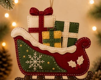 Felt Sleigh Ornament Pattern, Christmas Sleigh PDF Sewing Pattern, Santa Sleigh Decor, Beginner Hand Sewing, Instant Download