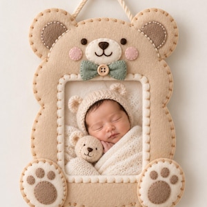 Peut inclure: Un cadre photo en feutrine beige en forme d'ours en peluche avec des détails cousus, un nœud papillon vert et un petit bouton. Le cadre contient une photographie d'un nourrisson endormi portant un bonnet à oreilles d'ours, enveloppé dans une couverture crème.