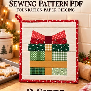 Patrón de costura en PDF para agarradera de regalo, salvamanteles navideño acolchado, regalo de patchwork, técnica de patchwork con papel base, 2 tamaños.