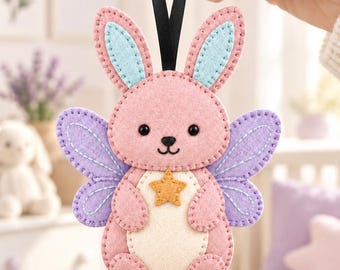 Felt Fairy Bunny Ornament Pattern, Bunny with Wings PDF Sewing Pattern, Pastel Nursery Decor, Beginner Hand Sewing, Instant Download