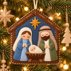 May include: A house-shaped felt Christmas ornament depicting a nativity scene. The design features a brown frame, a blue background with a yellow star, and three figures in felt: a person in blue, a person in green, and a baby in a brown manger.