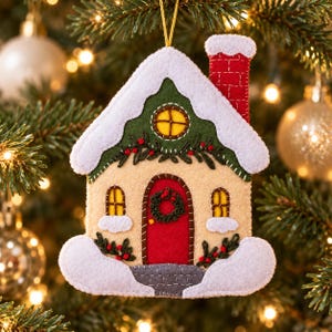 May include: A felt Christmas ornament shaped like a house with a cream-colored facade, a red door with a green wreath, a red brick chimney, and white felt snow accents on the roof, windows, and base, suspended by a gold string.