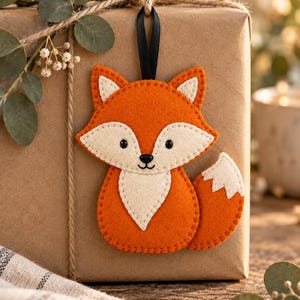 Könnte beinhalten: Ein Filz-Fuchsanhänger mit leuchtend orangefarbenem Körper und cremefarbenen Akzenten an Gesicht, Brust und Schwanzspitze. Der Fuchs hat kleine schwarze Augen und eine gestickte Nase und ist an einem schwarzen Band an einem braunen Geschenkpaket befestigt.