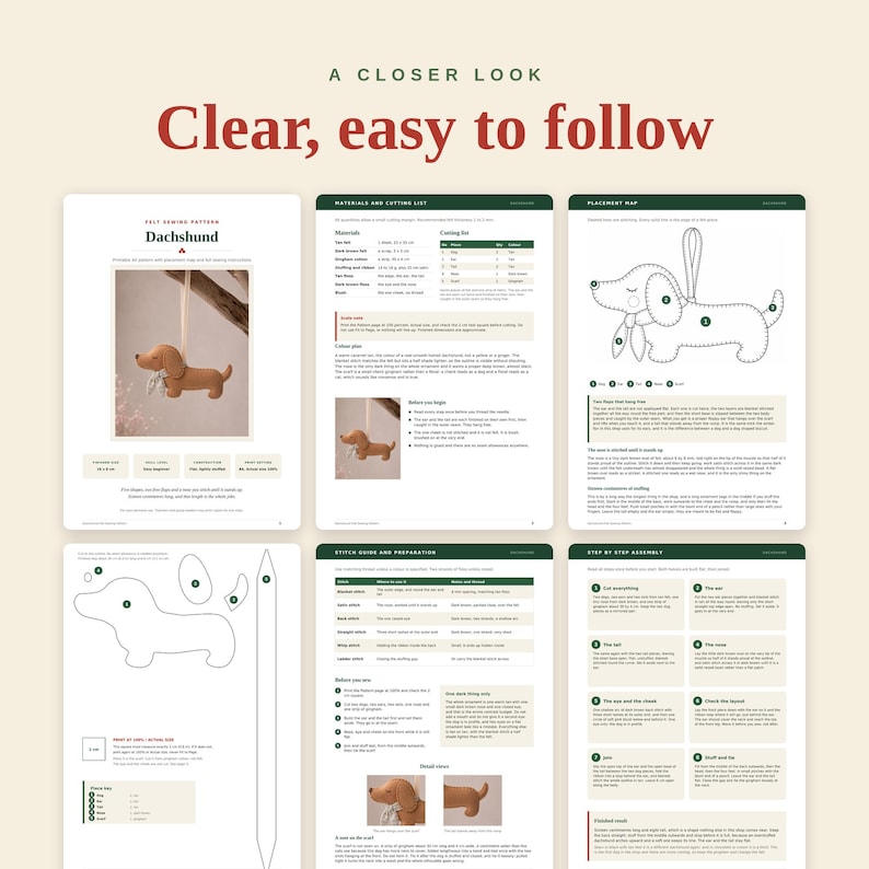 May include: A digital sewing pattern document for a felt dachshund ornament. The pages include a materials list, placement map, stitch guide, and step-by-step assembly instructions with text and diagrams for creating a small brown dog toy.