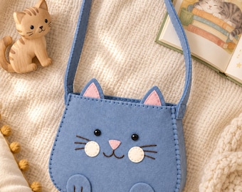 Kitty Felt Bag Sewing Pattern, Cat Shoulder Bag to Sew by Hand, No Machine No Zip, Cute Kitten Face Applique Purse, PDF Instant Download