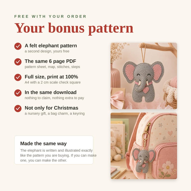 Pode incluir: Um padr&atilde;o digital de artesanato para um elefante de feltro, cinzento com orelhas internas cor-de-rosa e um detalhe de cora&ccedil;&atilde;o. O padr&atilde;o inclui um PDF de 6 p&aacute;ginas com instru&ccedil;&otilde;es, um quadrado de controlo de 2 cm e imagens do elefante acabado como ornamento suspenso e como pendente de mala numa mochila cor-de-rosa.