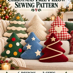 Könnte beinhalten: Ein Schnittmuster für Weihnachtsbäumchen-Kissen mit sechs Designs in drei Größen. Das Bild zeigt sechs plüschige, baumförmige Kissen in verschiedenen Farben und Texturen, darunter Grün, Blau, Rot, Weiß und rot-weißes Vichy-Muster.