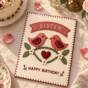 Puede incluir: Una tarjeta de cumpleaños rectangular de fieltro con dos pájaros rosas sobre una rama verde con flores blancas y un corazón rojo central. La tarjeta tiene un borde cosido y el texto bordado en rojo que dice SISTER y HAPPY BIRTHDAY.
