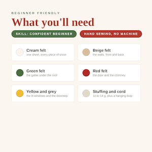 Pode incluir: Uma lista de materiais de artesanato intitulada Beginner Friendly What you'll need. Inclui feltro nas cores creme, bege, verde, vermelho, amarelo e cinza, al&eacute;m de enchimento e um cord&atilde;o de 10 a 14 g para um projeto de costura &agrave; m&atilde;o.
